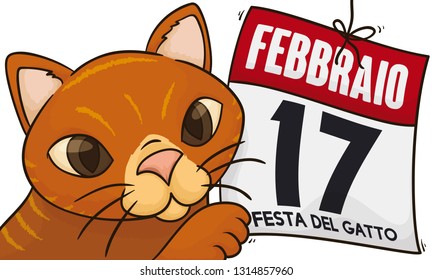 Cute kitty playing with a hanging loose-leaf calendar with reminder date for Cat Day (written in Italian) in Italy and Europe this February 17.