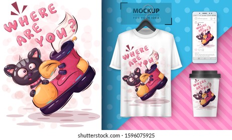 Cute kitty poster and merchandising. Vector eps 10