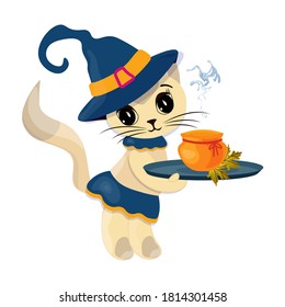 
Cute kitty with a potion on a tray.
Halloween cute card with cat.
Vector isolated.