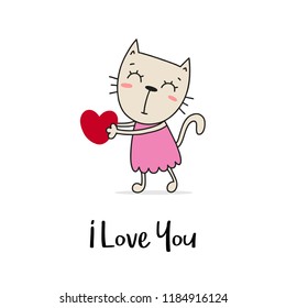Cute kitty presents red heart. I love you flat vector cartoon greeting card