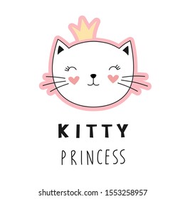 Cute kitty princess, girlish print for t-shirt. Isolated illustration on a white background.