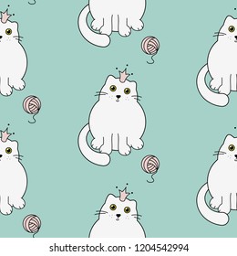 Cute kitty princess seamless vector pattern. White cats on green mint background and yarn balls.