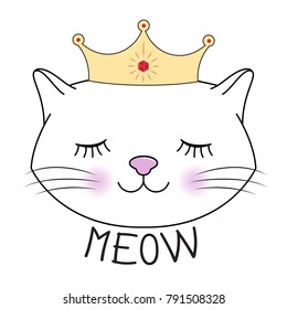 Cute kitty princess silhouette. Head of Cat with lettering word Meow.T-shirt design for kids. Greeting card. Vector illustration.