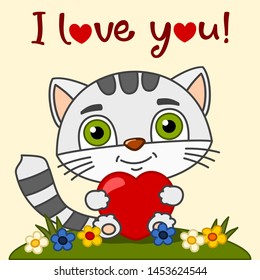 Cute kitty with red heart in his paws, sitting on floral meadow and text I love you