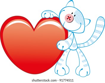 Cute kitty with a red heart. Valentines day.