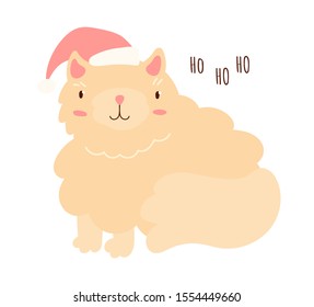 Cute kitty in santa hat. merry Christmas card. Flat style cartoon animal character in winter clothes. Minimalist vector illustration.