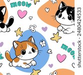 Cute kitty seamless pattern, doodle, cartoon, kawaii, cover, linen, textile, fabric, clothing, background, wallpaper, vector
