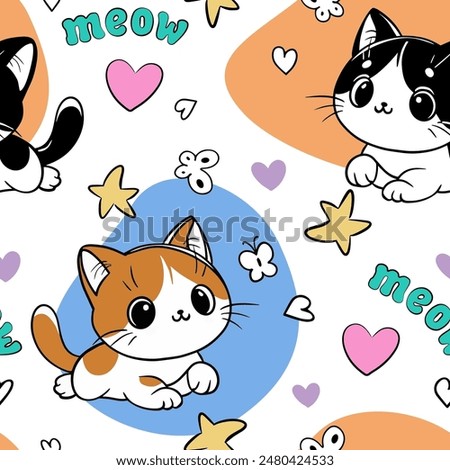 Cute kitty seamless pattern, doodle, cartoon, kawaii, cover, linen, textile, fabric, clothing, background, wallpaper, vector