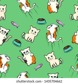 cute  kitty seamless pattern funny cat  cartoon pet, kitten, doodle, with blue tosca green background