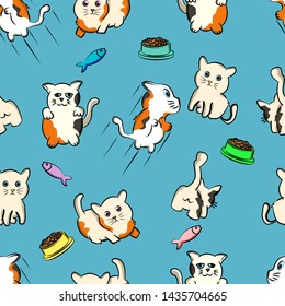cute  kitty seamless pattern funny cat  cartoon pet, kitten, doodle, with blue  background