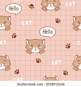 Cute kitty seamless pattern. Vector Checkered background with cartoon cat for unisex clothes, fabric, textile, cover or decoration. Funny purr kitten with footprints and text hello. Brown kitten print