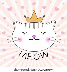 Cute kitty silhouette. Head of Cat with lettering word Meow.T-shirt design for kids. Greeting card. Vector illustration.