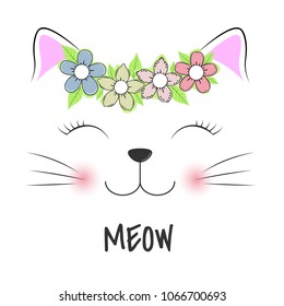 Cute kitty silhouette. Head of Cat with lettering word Meow. T-shirt design for kids. Greeting card. Vector illustration.