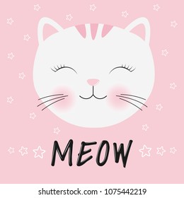 Cute kitty silhouette. Head of Cat with lettering word Meow.T-shirt design for kids. Greeting card.