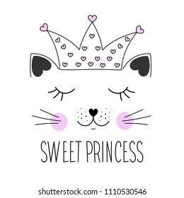 Cute kitty silhouette. Head of Cat with lettering sweet princess.T-shirt design for kids. Greeting card. Vector illustration.