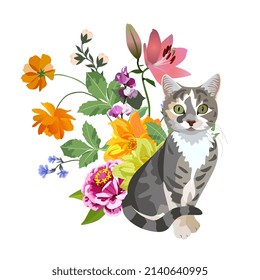 Cute kitty sits against beautiful bouquet of flowers isolated on a white background in vector. Sweet print on a T-shirt, napkin, pillow with the symbol of the Chinese New Year 2023.