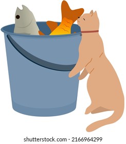 Cute kitty sitting near bucket of fish vector illustration. Cat, shorthair kitten, domestic animal looking at catch. Fluffy pet friend with collar smelling fishes. Caring for animals, pets concept