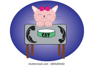 cute kitty sitting on table and want to drink milk.pink beautiful kitty .catoon cat beautiful cute kitty sitting on table