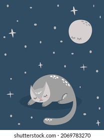 A cute kitty sleeps under the moonlight. Children's illustration. Night sky and stars. Vector illustration for print on baby clothes.