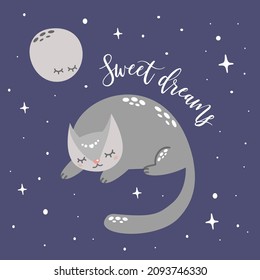 A cute kitty sleeps under the moonlight. Children's illustration. Night sky and stars. Vector illustration for print on baby clothes. The inscription "Sweet dreams"