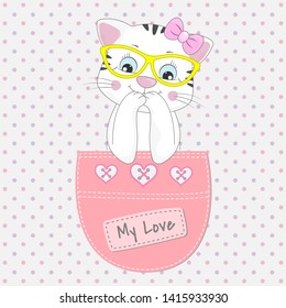 Cute kitty in sunglasses sitting in a pocket and smiling fun. Graphic element for print design, greeting card, poster and t-shirt. Vector illustration.
