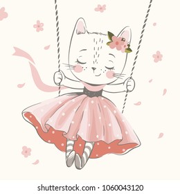 Cute kitty in the swing hand drawn vector illustration. Can be used for t-shirt print, kids wear fashion design, baby shower invitation card.