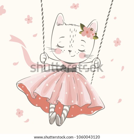 Cute kitty in the swing hand drawn vector illustration. Can be used for t-shirt print, kids wear fashion design, baby shower invitation card.