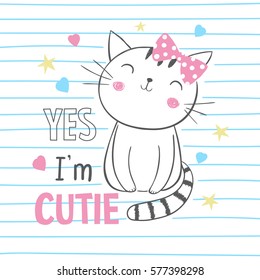 Cute kitty. T shirt graphic for kid's clothing. Use for print, surface design, fashion wear