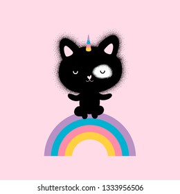 Cute kitty unicorn. Cat unicorn and rainbow illustration. Good morning. Hand drawn vector character. Animal flat clipart. Cartoon for kids game, book, t-shirt, cards, print, textile, poster