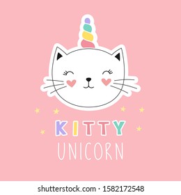 Cute Kitty Unicorn, Girlish Print For T-shirt, Sticker. Vector Isolated Illustration On A Pink Background.