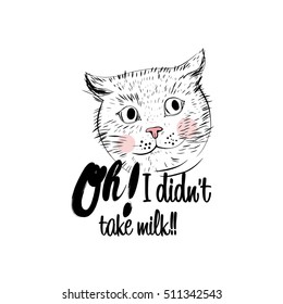 Cute kitty vector print with inscription black and pink color