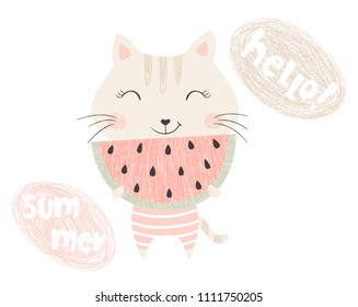 Cute kitty with watermelon print. Hello summer slogan. Sweet cat with fruit. Fashion child vector. Cool scandinavian illustration for t-shirt, kids apparel, invitation design