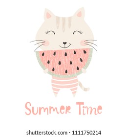 Pequeño gatito con una huella de sandía. Lema de verano. Gato dulce con fruta. Vector infantil de moda. Ilustración de Cool scandinavian para pantalones en t, prendas para niños, diseño de invitación