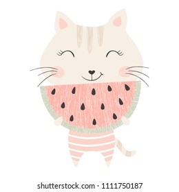 Cute kitty with watermelon summer time print. Sweet cat with fruit. Fashion child vector. Cool scandinavian illustration for t-shirt, kids apparel, invitation design