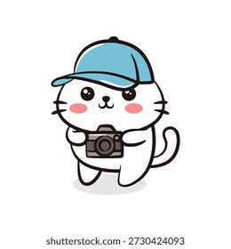 Cute kitty wearing a blue cap and holding a DSLR camera, great for photography, travel, and hobby designs.