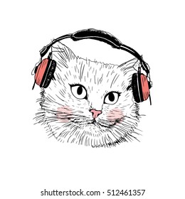 Cute kitty wearing headphones print with inscription black and pink color