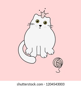 Cute kitty white princess and yarn ball vector illustration. Pretty cat doodle apparel kids design.