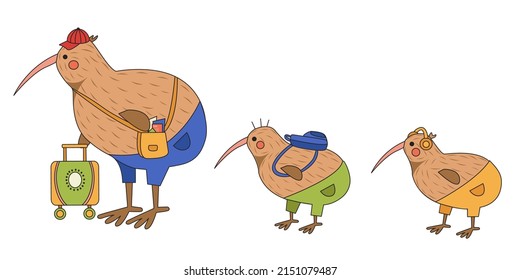 Cute Kiwi Bird Family Is Travelling. Cartoon Style Vector Illustration. 