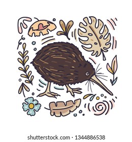 Cute kiwi bird with floral elements around him. Vector illustration in doodle cartoon linear style.