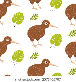 Cute kiwi birds and green leaves create a playful pattern for fun decor