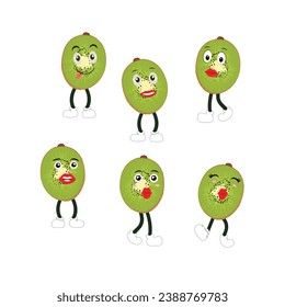 Cute kiwi cartoon. with happy facial expressions and different pose. Cartoon character of slice of kiwi with various chef emoticons