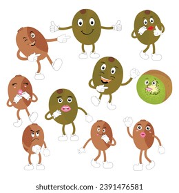 Cute kiwi cartoon. with happy facial expressions and different pose. Cartoon character of slice of kiwi with various chef emoticons