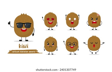 süßer Kiwi-Cartoon mit vielen Ausdrücken. Obstvariante Aktivität stellen Vektorgrafik flach Design mit Sonnenbrille.	