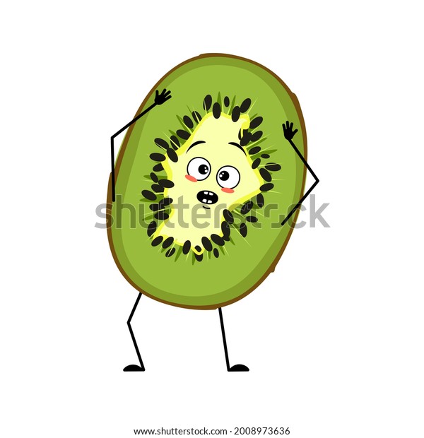 パニックに陥った感情を持つかわいいキウイのキャラクターが 頭 顔 腕 脚をつかむ おかしい または悲しい緑の食べ物 目を持つ甘いエキゾチックな熱帯の果物 のベクター画像素材 ロイヤリティフリー