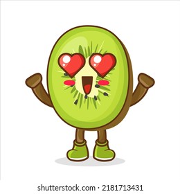 Cute kiwi character falls in love with eyes hearts. kiwi cartoon character with love cute emoticon. Cute Kiwi Fruit character with love emote. Fruit character icon concept isolated.
