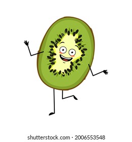 Cute kiwi character with joyful emotions, smile face, happy eyes, arms and legs. The sweet tropical exotic funny fruit, lucky sweet food, dessert dancing