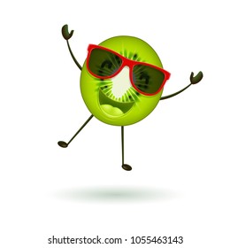 Cute kiwi character jumping. Vector illustration of cartoon slice of tropical fruit.