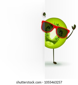 Cute kiwi character stands with blank signboard. Vector illustration of cartoon slice of tropical fruit.