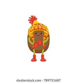 Cute kiwi fruit character with human face wearing funny winter hat with pompon, mittens and boots, cartoon vector illustration isolated on white background. Cute funny cartoon kiwi character in winter