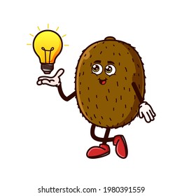 Cute Kiwi Fruit character with light bulb Idea on hand. Fruit character icon concept isolated. Emoji Sticker. flat cartoon style Vector